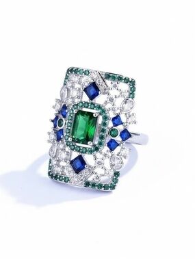 Adjustable CZ Ring Blue Green Clear